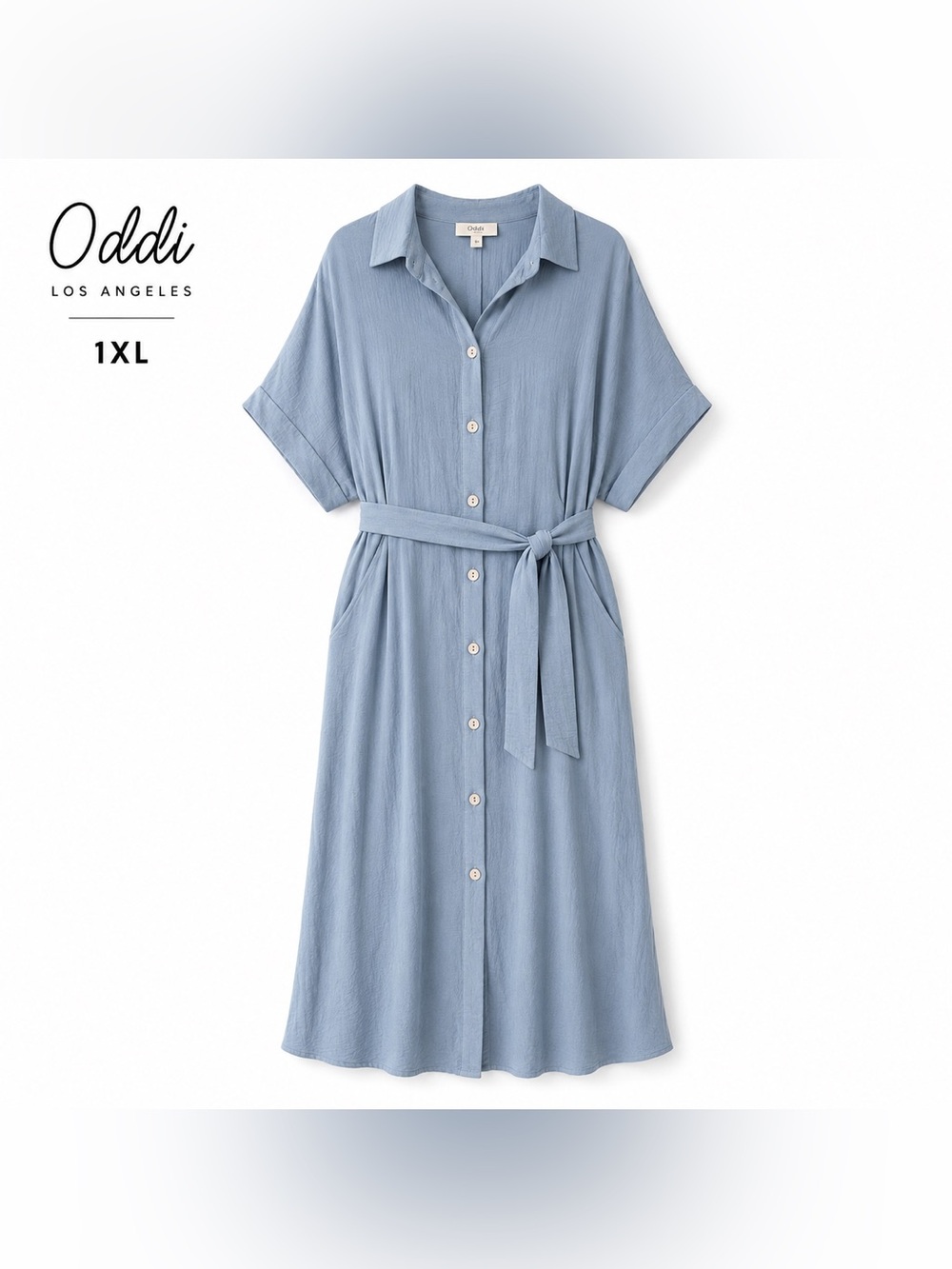 Oddi Los Angeles Dusty Blue Button Front Tie Waist Midi Dress 1X NWT